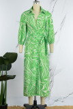 Verde Casual Estampa Frenulum Fenda Turndown Collar Vestidos de manga comprida