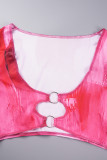 Rosaroter, sexy Farbklumpendruck, ausgehöhltes Patchwork, asymmetrischer U-Ausschnitt, lange Ärmel, zweiteilig