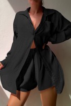 Черный повседневный однотонный базовый рубашечный воротник с длинным рукавом из двух частей