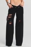 Schwarze, lässige, einfarbige, zerrissene, Patchwork-Jeans mit mittlerer Taille und normaler Taille (abhängig vom tatsächlichen Objekt)