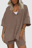Khaki Casual Solid Basic V Neck Short Sleeve Two Pieces