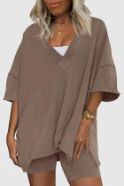 Dark Brown Casual Solid Basic V Neck Short Sleeve Two Pieces