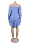 ブルー カジュアル スイート デイリー シンプル パッチワーク 小帯 フラウンス ソリッド カラー オフショルダー ドレス