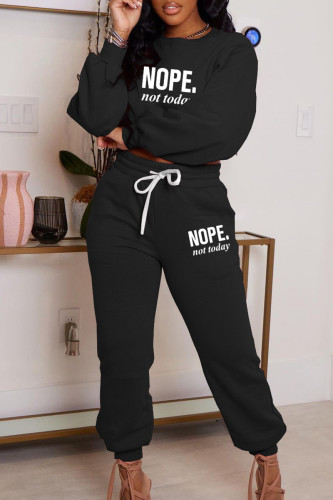 Black Letter Print Basic O Neck Long Sleeve Two Pieces