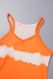 Оранжевое сексуальное повседневное длинное платье с вырезом на спине и бретельками с принтом