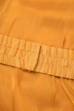 Желтые повседневные однотонные лоскутные платья с оборкой и круглым вырезом