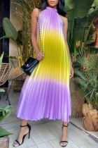 Gelb-lila, lässiger Druck, einfarbig, plissiert, halber Rollkragen, ärmelloses Kleid