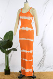 Oranje sexy casual print rugloze spaghettibandjes lange jurkjurken