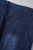 Donkerblauwe casual dagelijkse effen gescheurde patchwork jeans in grote maten