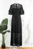 Schwarz Plus Size Casual Elegant Solid Lace Mesh O-Ausschnitt A-Linie Plus Size Kleider (ohne Gürtel)