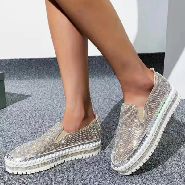 Zapatos planos cómodos redondos con diamantes de imitación informales plateados para exteriores