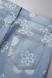 Jeans in denim regolari a vita alta strappati con stampa casual blu