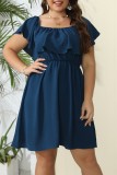 Blue Casual Solid Patchwork O Neck Short Sleeve Dress Plus Size Dresses