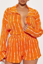 Orangefarbener, lässiger, gestreifter Print-Basic-Hemdkragen mit langen Ärmeln, Zweiteiler