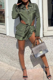 Army Green Sexy Casual Solid Patchwork Asymmetrical Turndown Collar Long Sleeve Two Pieces