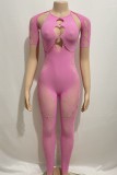 ピンクのセクシーなソリッドくり抜きシースルーホットドリルOネックスキニージャンプスーツ