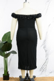 Negro Elegante Sólido Patchwork Hot Drill Stringy Selvedge Fuera del hombro Falda envuelta Vestidos de talla grande