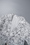 White Black Casual Print Cardigan Turn-back Collar Outerwear