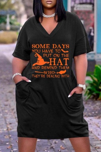 Black Halloween Casual Graphics Print Basic V Neck Short Sleeve Loose Pockets Midi T-Shirt Dress