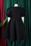 Black Casual Solid Patchwork O Neck A Line Short Sleeve Dress