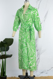 Groene casual print frenulum split-kraag-jurken met lange mouwen