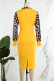 Желтые сексуальные британские стильные элегантные леопардовые лоскутные платья с круглым вырезом и юбкой-юбкой