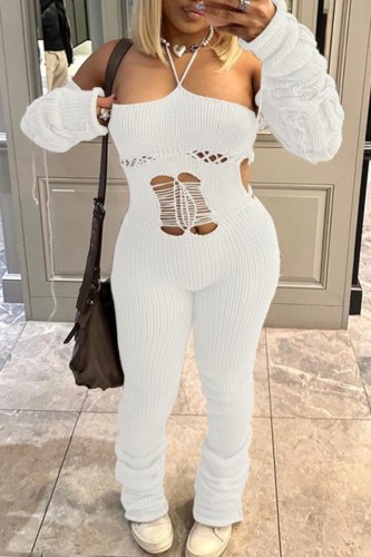 White Sexy Solid Hollowed Out Backless Strapless Skinny Jumpsuits
