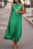 Green Casual Print Solid Pleated Half A Turtleneck Sleeveless Dress Dresses