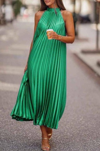 Зеленое повседневное платье с принтом, однотонное плиссированное платье без рукавов с половиной воротника и воротником-стойкой