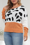 Tangerine Red Casual Animal Print Patchwork O Neck Tops