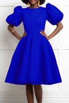 Blue Casual Solid Patchwork O Neck A Line Short Sleeve Dress