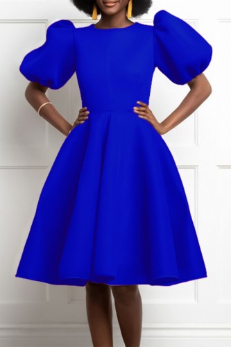 Blue Casual Solid Patchwork O Neck A Line Short Sleeve Dress