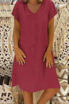 Röd Casual Solid Basic V-ringad kortärmad klänning