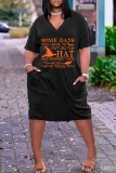 Black Halloween Casual Graphics Print Basic V Neck Short Sleeve Loose Pockets Midi T-Shirt Dress