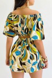 Green Casual Print Frenulum Off the Shoulder Short Sleeve Two Pieces