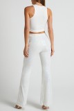 Pantalones de patchwork convencionales de cintura alta ajustados con lentejuelas y patchwork informales blancos