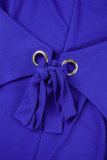 Koningsblauw Elegant Effen Patchwork Frenulum Metalen Accessoires Decoratie Spleet V-hals Wrapped Skirt Jurken