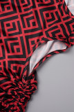 Robe rouge décontractée imprimée Frenulum fendue à col rond sans manches