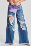 Azul médio casual sólido rasgado patchwork cintura média jeans regular (sujeito ao objeto real)