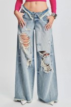 Medium Blue Casual Solid Patchwork Mid Waist Regular Wide Leg Baggy Ripped Denim Jeans (Subject To The Actual Object)