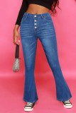 Diepblauwe, casual, effen, normale denim jeans met hoge taille en gesp