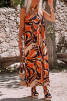 Vestido longo casual estampado laranja básico com decote em V