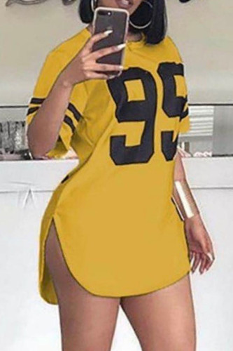 Yellow Casual Print Basic O Neck Short Sleeve Dress Plus Size Dresses