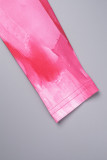 Rosaroter, sexy Farbklumpendruck, ausgehöhltes Patchwork, asymmetrischer U-Ausschnitt, lange Ärmel, zweiteilig
