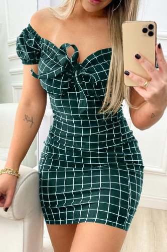 Ink Green Casual Plaid Print Patchwork Frenulum V Neck Short Sleeve Dress