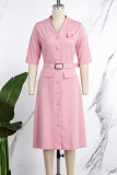 Roze elegante effen patchwork gesp V-hals A-lijn jurken (met riem)