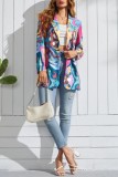 Blue Casual Print Patchwork Turn-back Collar Outerwear