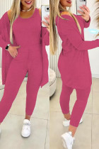 Rose Red Casual Solid Basic O Neck Long Sleeve Three Piece Set