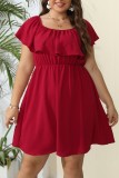 Red Casual Solid Patchwork O Neck Short Sleeve Dress Plus Size Dresses