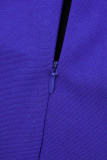 Azul Royal Elegante Bloco Cor Sólida Patchwork Contraste Zíper O Neck Vestidos Saia Envolto